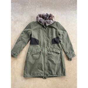 New York & Company Faux Fur Collar Olive Green Long Coat Size M N3